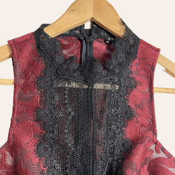 Express Black Red Lace Pleated Sleeveless Cocktail Midi Dress Size 6 - Picture 2 of 10